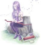  1girl arrow bare_shoulders boots bow_(weapon) eyes_closed female final_fantasy final_fantasy_ii full_body long_hair maria_(ff2) nature outdoors purple_hair quiver seweetchoko sitting solo tears weapon white_background 
