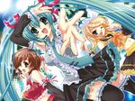  aqua_nails armpits bow bowtie detached_sleeves frills hatsune_miku headset kagamine_rin meiko multiple_girls nail_polish necktie one_eye_closed open_mouth outstretched_arm outstretched_hand pink_nails reaching skirt smile suzui_narumi thighhighs twintails vocaloid zettai_ryouiki 