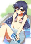  bathtub bikini blue_eyes blue_hair blush flat_chest idolmaster idolmaster_(classic) kazuchi kisaragi_chihaya long_hair soap_bubbles solo sponge striped striped_bikini swimsuit 