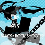  black_hair black_rock_shooter black_rock_shooter_(character) blue_eyes burning_eye chibi cross gozen4ji long_hair sitting solo star twintails 