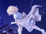  animal_ears blanket blonde_hair blue_eyes cityscape cloud clouds dress looking_up night night_sky nighttime pure_pure railing ribbon roof rooftop sachi sky white_dress 
