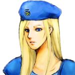  1girl beret blonde_hair blue_eyes escape_(artist) female hat jill_valentine long_hair lowres resident_evil simple_background solo white_background 