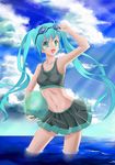  :d aqua_hair bad_id bad_pixiv_id cloud day goggles goggles_on_head green_eyes hatsune_miku huazang light_rays long_hair midriff open_mouth skirt sky smile solo sports_bra sunbeam sunlight twintails vocaloid wading water 