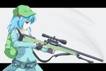  ai_arctic_warfare aqua_hair backpack bad_id bad_pixiv_id bag bipod bolt_action cover-d fingerless_gloves gloves gun kawashiro_nitori rifle scope sling smoke smoking_gun sniper_rifle solo touhou trigger_discipline two_side_up weapon 