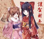  floral_print flower hagoita hair_flower hair_ornament holding_hands japanese_clothes kimono miyase_mahiro multiple_girls nengajou new_year original paddle tiger twintails 