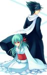  1boy 1girl black_hair brother_and_sister female green_hair hiei japanese_clothes kimono koto_(sss) long_hair male pink_eyes scarf short_hair siblings sitting spiked_hair trench_coat trenchcoat yu_yu_hakusho yukina_(yu_yu_hakusho) yuu_yuu_hakusho 