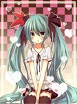  amane_kurumi aqua_eyes aqua_hair blush checkered checkered_background dress hair_ribbon hatsune_miku heart long_hair ribbon seiza shy sitting solo thighhighs twintails v_arms very_long_hair vocaloid world_is_mine_(vocaloid) 