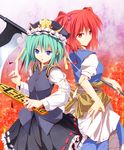  blue_eyes dress flower green_hair hair_bobbles hair_ornament hat looking_back multiple_girls onozuka_komachi pointing red_eyes red_hair rod_of_remorse scythe shiki_eiki short_hair spider_lily touhou two_side_up weapon zb 