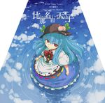  blue_hair food from_above fruit hat hinanawi_tenshi long_hair md5_mismatch okome_(kome_kuma) peach red_eyes sketch solo touhou water 