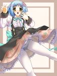  blue_hair blush esuurya open_mouth panties panties_under_pantyhose pantyhose pantyshot ribbon solo striped striped_panties takanashi_yumina tayutama underwear upskirt waitress white_legwear yellow_eyes 