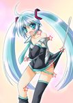  ahoge annoyed bad_id bad_pixiv_id blue_eyes blue_hair detached_sleeves hatsune_miku long_hair necktie oryuu_aya panties skirt solo star striped striped_panties stylus thighhighs twintails underwear undressing very_long_hair vocaloid 