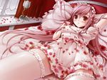  bed curtains dress floral_print flower gothic_lolita lolita_fashion long_hair lying miyase_mahiro original petals pillow solo thighhighs zettai_ryouiki 