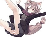  :&lt; animal_ears brown_eyes brown_hair original outstretched_arms panties pantyshot scarf shiromiso skirt solo spread_arms striped striped_panties striped_scarf underwear upskirt 
