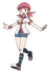  absurdres akane_(pokemon) buttons full_body hair_ornament hairpin highres kneehighs official_art open_mouth pink_eyes pink_hair pokemon pokemon_(game) pokemon_hgss shoes shorts sneakers socks solo standing striped striped_legwear sugimori_ken transparent_background twintails wristband 