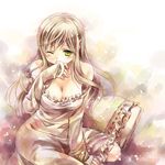  axis_powers_hetalia blush breasts cleavage dress fu_(38wasure) green_eyes hungary_(hetalia) large_breasts long_hair lowres one_eye_closed solo strapless strapless_dress 