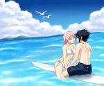  1girl artist_request bikini bird closed_eyes cloud couple day dutch_angle haruno_sakura hetero imminent_kiss naruto_(series) naruto_shippuuden ocean partially_submerged side-tie_bikini sonteen12 surfboard swimsuit uchiha_sasuke water watermark 