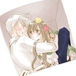  1girl axis_powers_hetalia bird blush box brown_hair duck eye_contact flower green_eyes hair_flower hair_ornament hungary_(hetalia) in_box in_container long_hair looking_at_another minakami_kaori prussia_(hetalia) scar silver_hair sweatdrop 