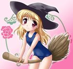 :3 blonde_hair blush broom broom_riding hat lapis_mercurius_freya neopure one-piece_swimsuit princess_holiday red_eyes school_swimsuit solo straddling swimsuit witch_hat 