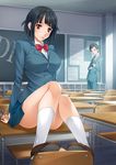  1girl bag black_hair blush brown_eyes classroom desk durarara!! indoors mukunokino_isshiki ryuugamine_mikado school_desk school_uniform short_hair sitting sonohara_anri 