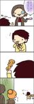  1girl 2boys 4koma beatrice chibi comic cookie cup facial_hair food kashiwa_kiseri monocle multiple_boys mustache ronove table teacup translation_request tray umineko_no_naku_koro_ni ushiromiya_battler white_background 