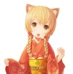  animal_ears braid fox_ears hair_over_shoulder japanese_clothes kimono morugoru open_mouth orange_eyes orange_hair original solo twin_braids 