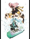  3girls aqua_hair bad_id bad_pixiv_id binary blonde_hair blue_eyes boots handheld_game_console hatsune_miku headphones highres kagamine_len kagamine_rin kotoraya megurine_luka multiple_girls pink_hair playstation_portable thighhighs vocaloid 