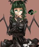  bad_id bad_pixiv_id banned_artist bespectacled black_dress black_rock_shooter blush curly_hair dead_master demon_wings dress glasses green_eyes green_hair horns long_hair solo tribute wings 