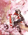  1girl 2002 anbu artist_name bandages black_hair character_name cherry_blossoms copyright_name couple day haruno_sakura hetero holding_hands mask naruto_(series) naruto_shippuuden ninja outdoors pink_hair scarf shelattic shoulder_tattoo tattoo uchiha_sasuke watermark web_address 