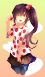  alternate_hairstyle bad_id bad_pixiv_id black_hair brown_eyes food fruit hair_bobbles hair_ornament k-on! kneeling listen!! long_hair nakano_azusa one_eye_closed open_mouth pantyhose polka_dot side_ponytail skirt solo strawberry tayako 