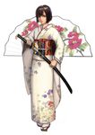  bad_id bad_pixiv_id bob_cut brown_eyes brown_hair fan full_body geta holding holding_sword holding_weapon japanese_clothes katana kimono lieqi_hun lips mole mole_under_eye obi original sash short_hair simple_background solo standing sword weapon white_kimono 