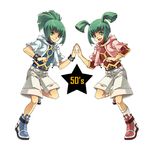  1girl aria_(aria_chu) bracelet green_eyes green_hair jewelry lua luca_(yuu-gi-ou) ponytail shorts siblings symmetry twins twintails yuu-gi-ou yuu-gi-ou_5d's 