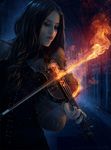  brown_hair dark dress fire freaky665 instrument long_hair music original realistic solo violin 
