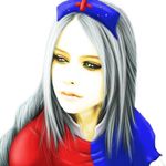  avril_lavigne caucasian cielo_(zaki) close-up closed_mouth cosplay crossover face grey_hair hat long_hair photorealistic real_life realistic simple_background solo touhou yagokoro_eirin yagokoro_eirin_(cosplay) 