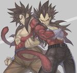  abs belt black_eyes black_hair chest clenched_hands crossed_arms dragon_ball dragon_ball_gt fur gloves grin katsutake long_hair male_focus multiple_boys muscle smile son_gokuu spiked_hair super_saiyan super_saiyan_4 tail vegeta 