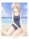  bad_feet bad_id bad_pixiv_id beach blonde_hair brown_eyes day fiction_(forged) highres one-piece_swimsuit original school_swimsuit solo swimsuit 