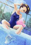  armpits barefoot black_eyes caustics chain-link_fence cloud competition_school_swimsuit competition_swimsuit day dutch_angle feet fence goggles goggles_on_head hand_on_ear highres kickboard kobayakawa_rinko love_plus mino_tarou one-piece_swimsuit outdoors pool poolside purple_hair short_hair sitting soaking_feet solo swimsuit water 