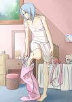  alternate_hairstyle bad_feet barefoot bed bedroom blue_eyes blue_hair camisole hair_down highres indoors izayoi_sakuya maid_headdress messy_hair mirror pajamas photo_(object) remilia_scarlet short_hair solo strap_slip touhou undressing yoekosukii 