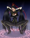 arms_up bayonetta bayonetta_(character) black_hair blue_eyes bodysuit breasts cleavage_cutout covered_nipples earrings eyeshadow glasses hair_bun high_heels highres jewelry large_breasts lipstick long_hair makeup ml mole red_ribbon ribbon shoes solo spread_legs squatting very_long_hair 