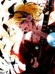  blonde_hair blue_eyes electric_guitar guitar hair_ornament hair_ribbon hairclip headphones instrument japanese_clothes kagamine_rin kimono open_mouth ribbon short_hair solo tengaku_(vocaloid) uni_(nacchan) vocaloid 