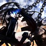  bad_id bad_pixiv_id bikini_top black_hair black_rock_shooter black_rock_shooter_(character) blue_eyes boots burning_eye chain coat long_hair midriff pale_skin samegami shorts solo twintails very_long_hair 