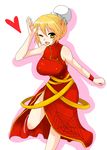  alternate_costume alternate_hairstyle bare_shoulders blonde_hair breasts china_dress chinese_clothes dress hair_bun han_(jackpot) heart highres kurodani_yamame large_breasts older one_eye_closed ribbon short_hair solo touhou yellow_eyes 