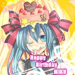  amase_(siki696) birthday blue_eyes blue_hair bow cake character_name food fruit hair_bow hat hatsune_miku long_hair one_eye_closed pastry solo star strawberry tongue twintails vocaloid 