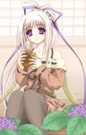  asuku_san esuurya food itsuka_todoku_ano_sora_ni long_hair pantyhose purple_eyes ribbon sitting solo white_hair 