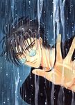  black_hair brown_eyes clamp glasses male_focus monou_fuma official_art rain shirt solo traditional_media x_(manga) 