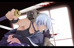  armor bare_shoulders battle blood choker duel faceless hair_over_eyes katana male_focus mannosuke morichika_rinnosuke multiple_boys ogami_kazuki silver_hair sword touhou weapon 