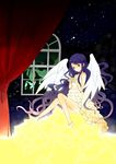  absurdres angel_wings anklet bad_id bad_pixiv_id blue_hair curtains dress highres holding hoshi_ebi jewelry long_hair original sitting sky solo star star_(sky) starry_sky very_long_hair window wings 