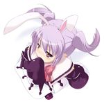  animal_ears bow bunny_ears ingrid_sorveig_sorgrims leotard lotte_no_omocha! pink_eyes pink_leotard purple_hair sleeves_past_wrists solo tsukishiro_kou twintails 