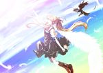  air bird blonde_hair data_(remmings_nest) day dress feathers highres kamio_misuzu kawakami_tomoko long_hair open_mouth outstretched_arm ponytail ribbon school_uniform sky solo very_long_hair wings 