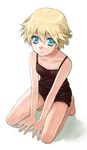  barefoot blonde_hair blue_eyes cleo_everlastin kneeling looking_at_viewer majutsushi_orphen nose_shade short_hair solo tooya_(gin'iro_koubou) v_arms 