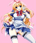  alice_(wonderland) alice_in_wonderland apron blonde_hair blue_eyes blush breasts clock garters highres long_hair medium_breasts open_mouth panties sakuragi_hiroyuki skirt skirt_lift solo thighhighs underwear white_legwear 